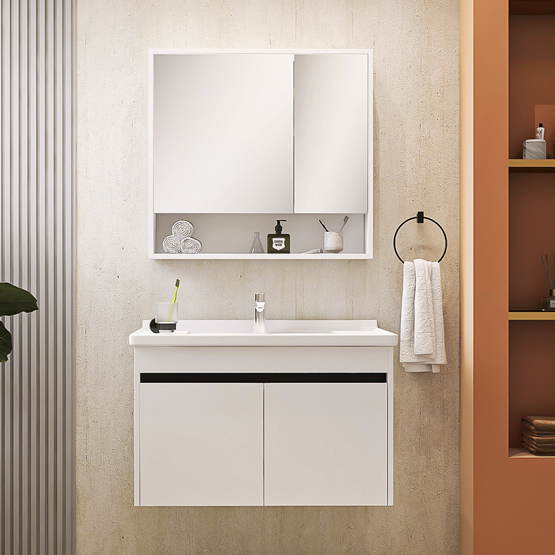 浪鲸现代浴室柜组合带镜柜收纳浴柜简约风 pvc板防水卫生间洗手盆