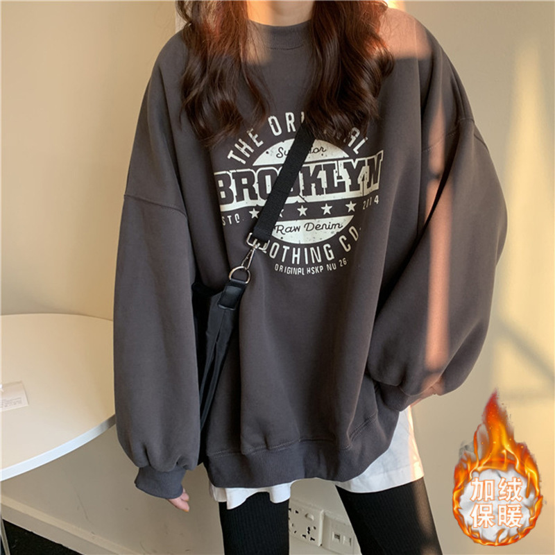 加绒加厚韩版卫衣女圆领字母宽松情侣装打底衫女士外贸跨境女装潮