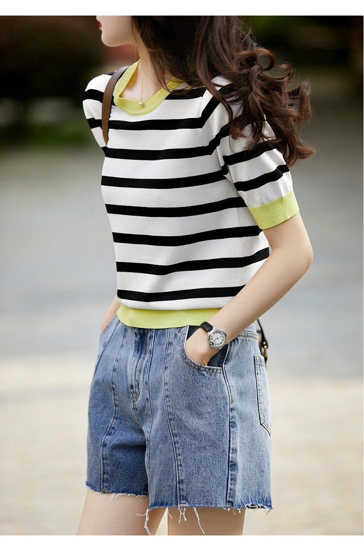 短袖黑白条纹针织衫
