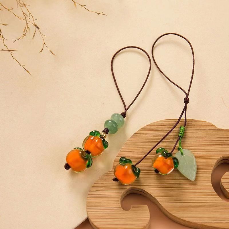 Everything Goes Well Glaze Persimmon Mobile Phone Chain Lanyard Retro Chinese Style Persimmon Leaf Key Pendant Pendant Jewelry