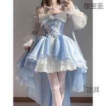 蓬蓬裙女装公主蓝色连衣裙洋装设计重工大蝴蝶结拖尾裙子