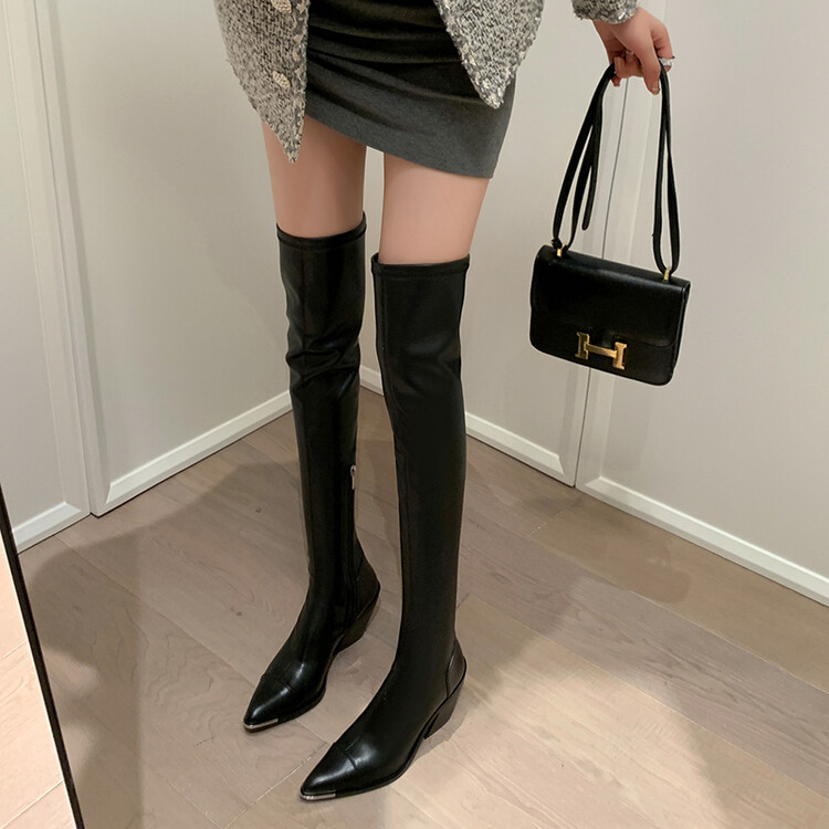 性感金属尖头高跟过膝靴2023新款秋冬弹力瘦瘦靴女粗跟漆皮长靴