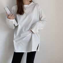 白色纯色长袖T恤女秋冬季内搭打底衫韩版新款宽松中长款加绒上衣
