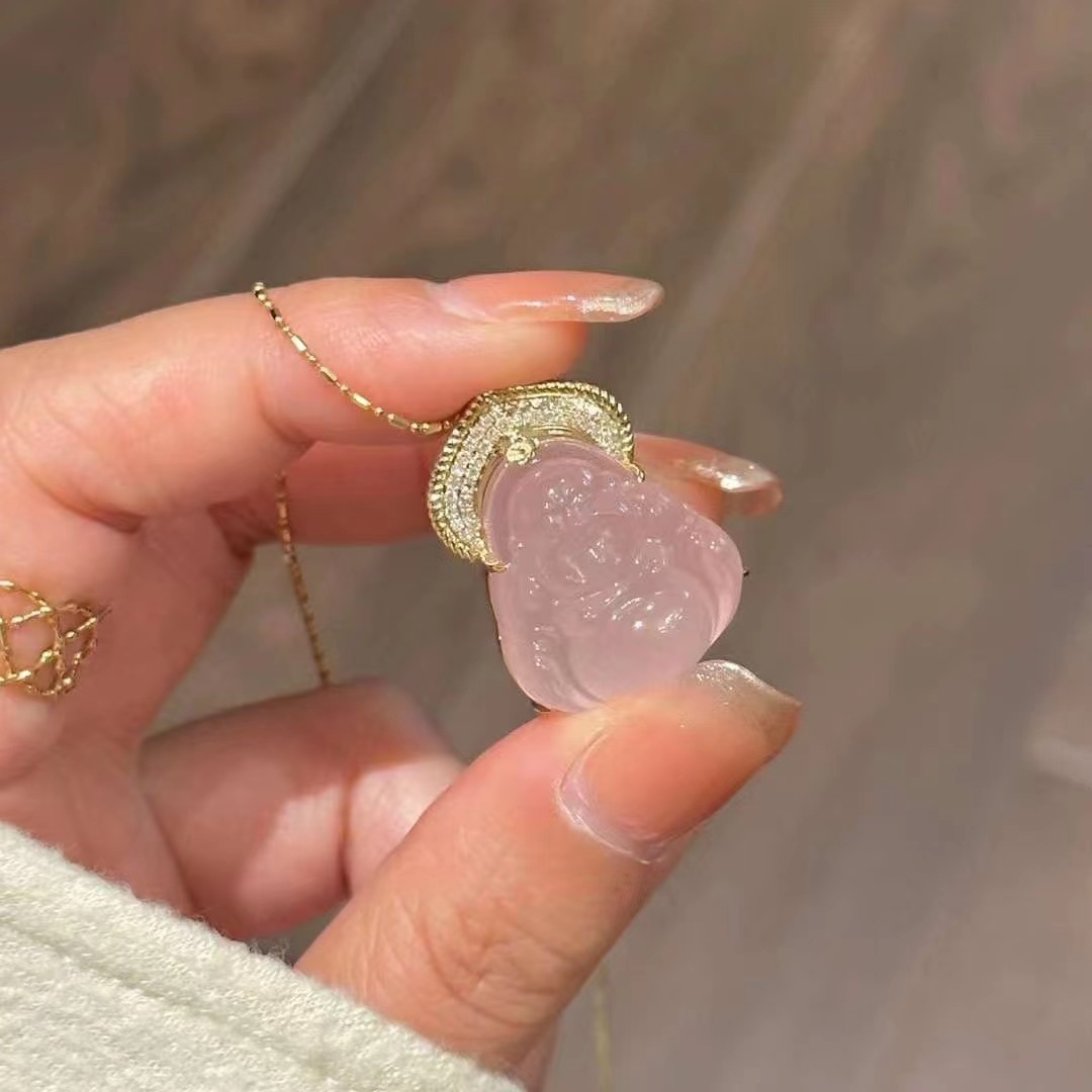 芙蓉粉碧玺佛公s925纯银镀18k金 镶钻项链弥勒佛国风粉晶笑佛吊坠