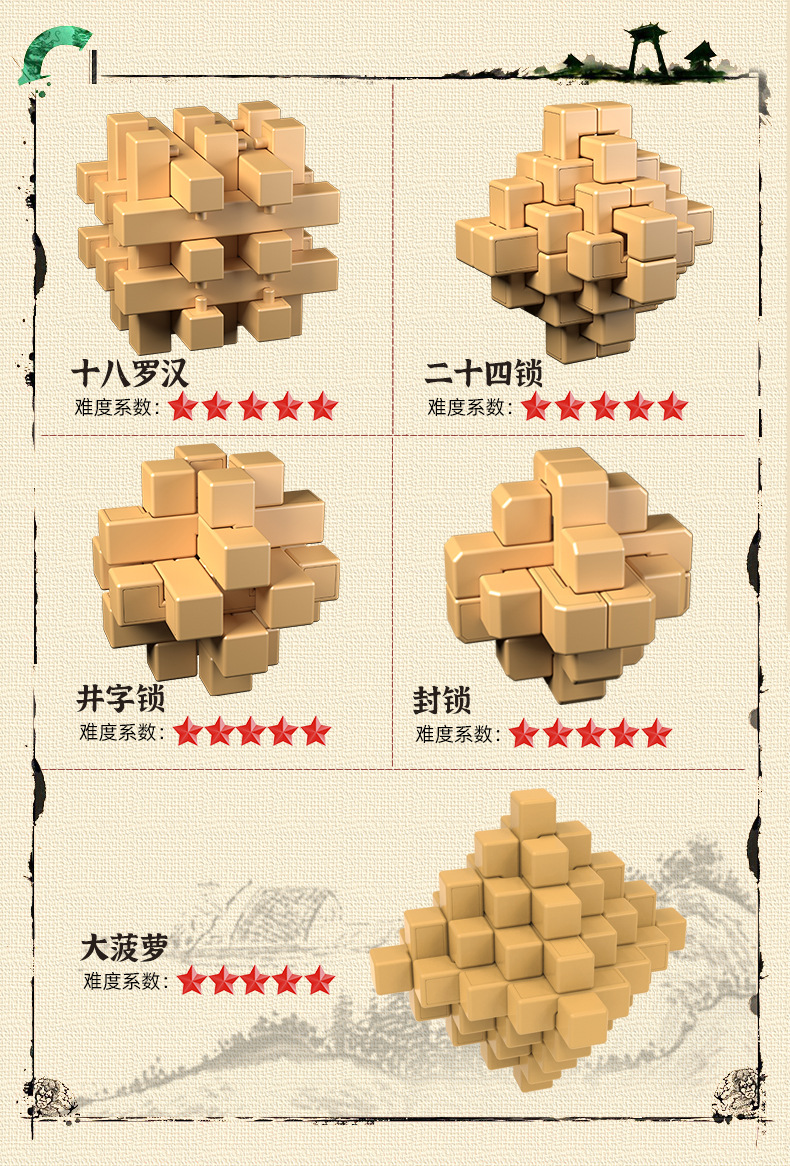 井字锁,六方宝石,六根锁,笼中取物,笼中取珠,鲁班球,梅花锁,小九通