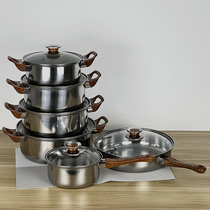 工厂 套装不锈钢锅具汤锅奶锅煎锅 木纹手柄可拆卸12pcs cookware