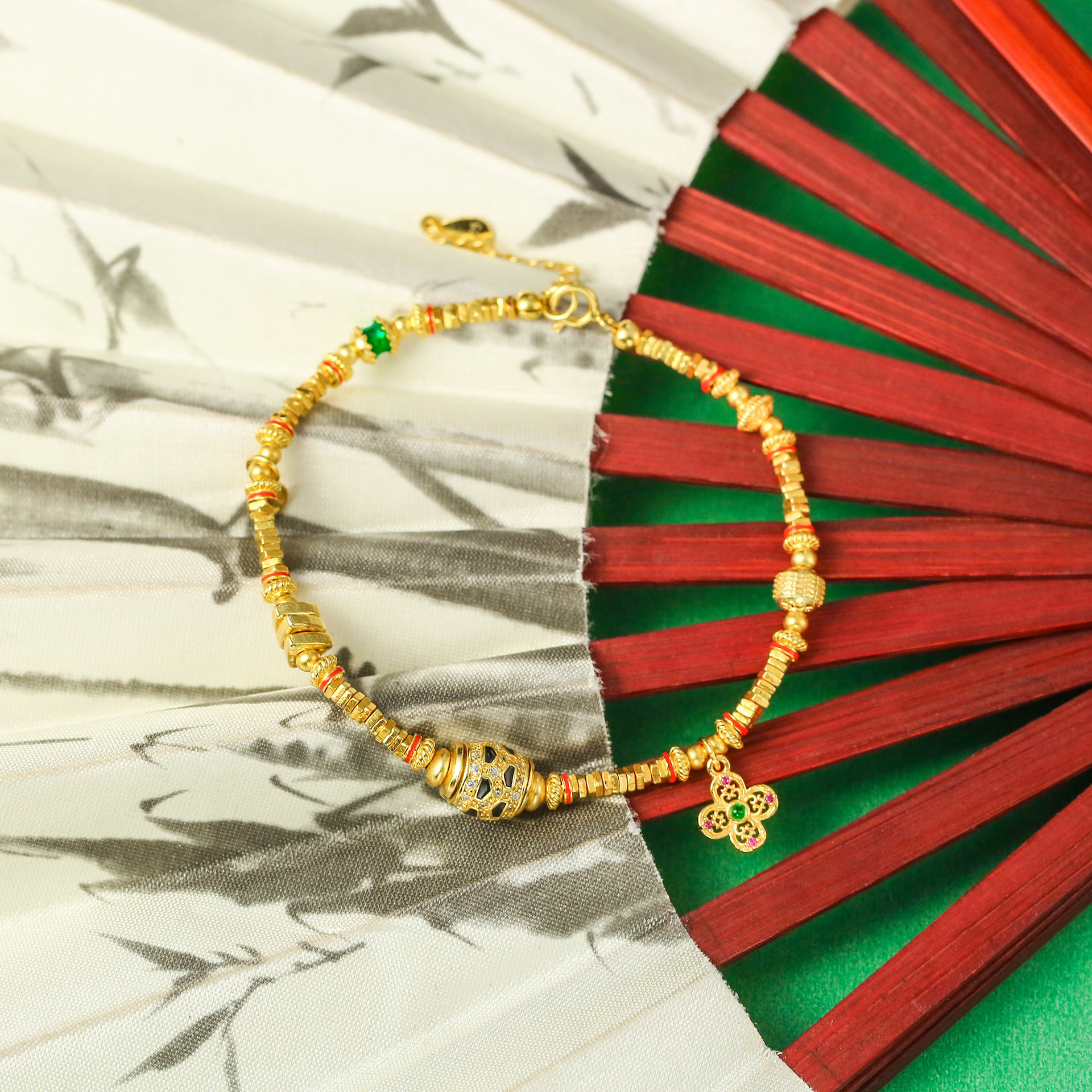 s925银镀金镶嵌古法碎银四叶草滴溜款 diy原创手链百搭中式小配饰