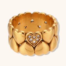 欧美跨境热卖个性简约指环饰品不锈钢镀金铸造宽面双层桃心戒指