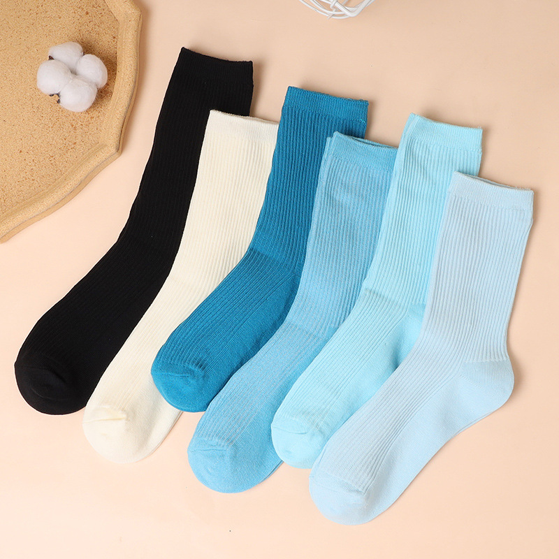 春秋堆堆袜女中筒蓝色竖条纹长筒袜日系学院风ins潮长棉袜学生袜