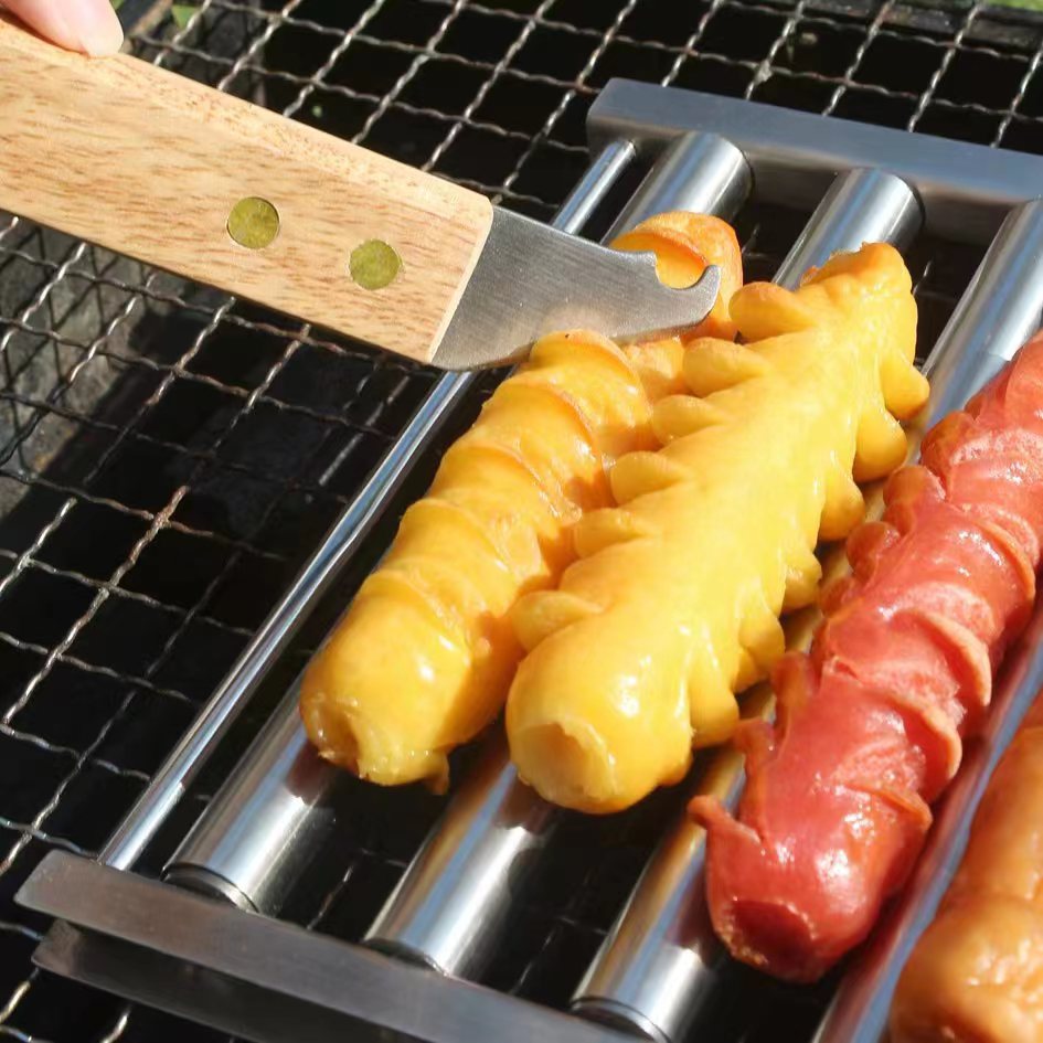 Cross-Border Hot Dog Rack Sausage Barbecue Grill with Wooden Handle BBQ Hot Dog Rack Wholesale Stainless Steel Hot Dog Rack