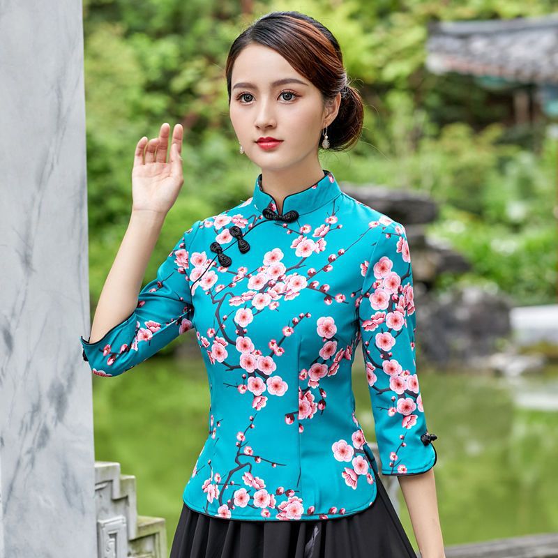 中国风改良旗袍上衣夏季女装新款印花唐装民国风立领中袖修身t恤