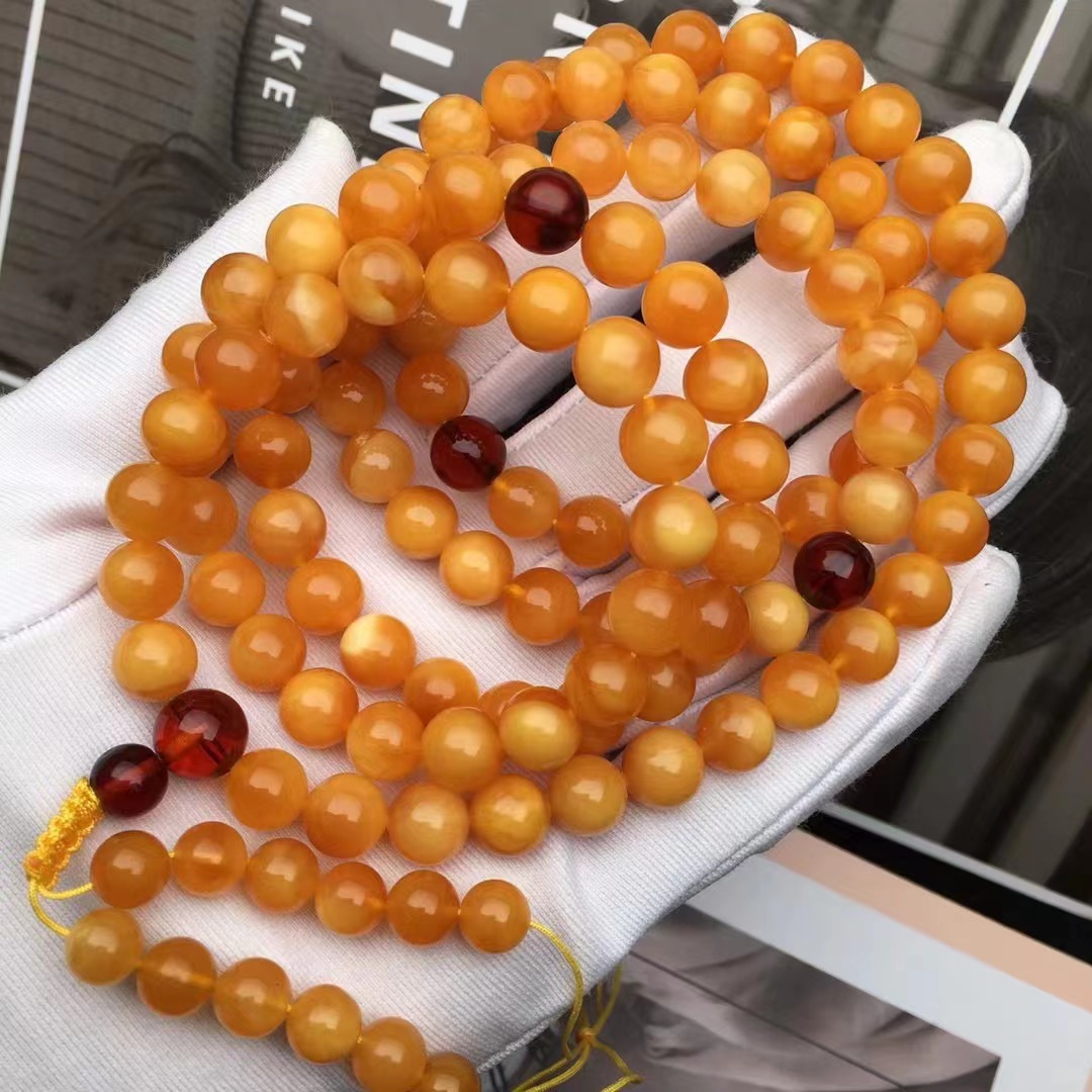 天然俄料蜜蜡老蜜花蜡108佛珠蜡质浓郁纹路清晰多圈手链文玩配饰