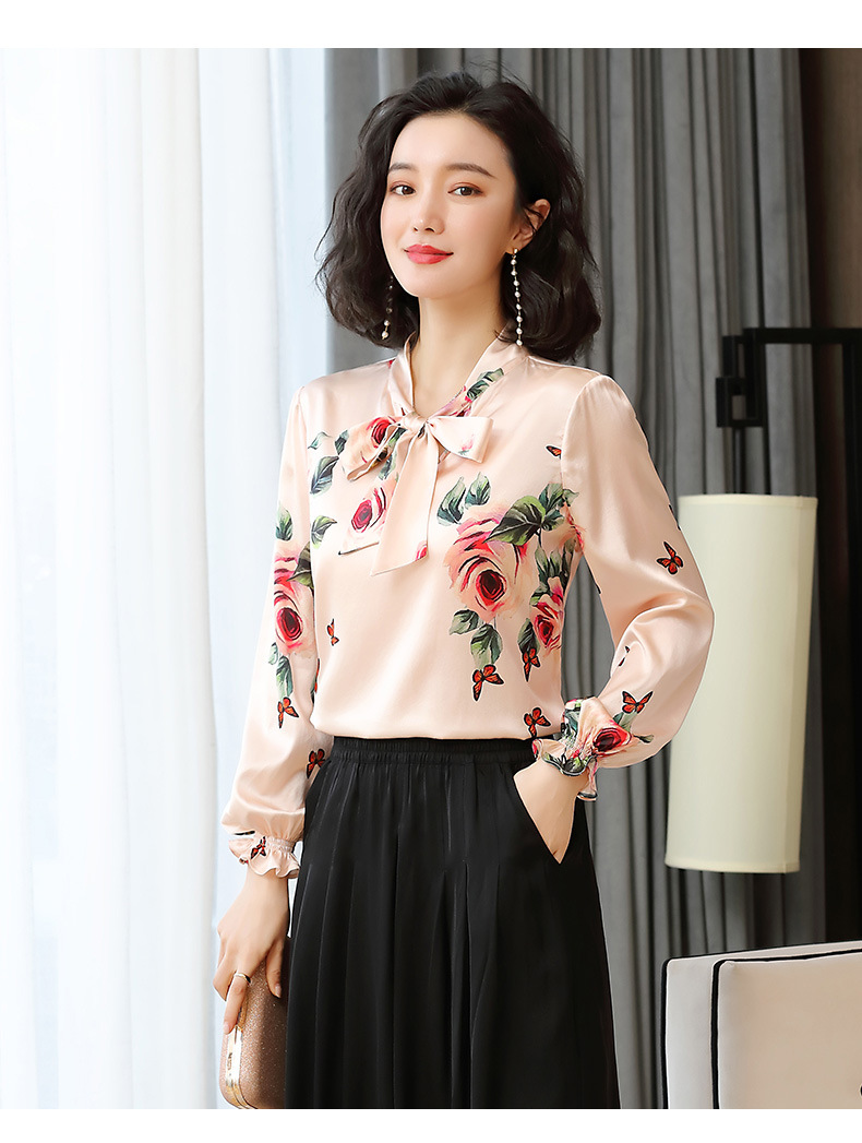 桑蚕丝上衣女印花小衫蝴蝶结领洋气减龄真丝衬衫女