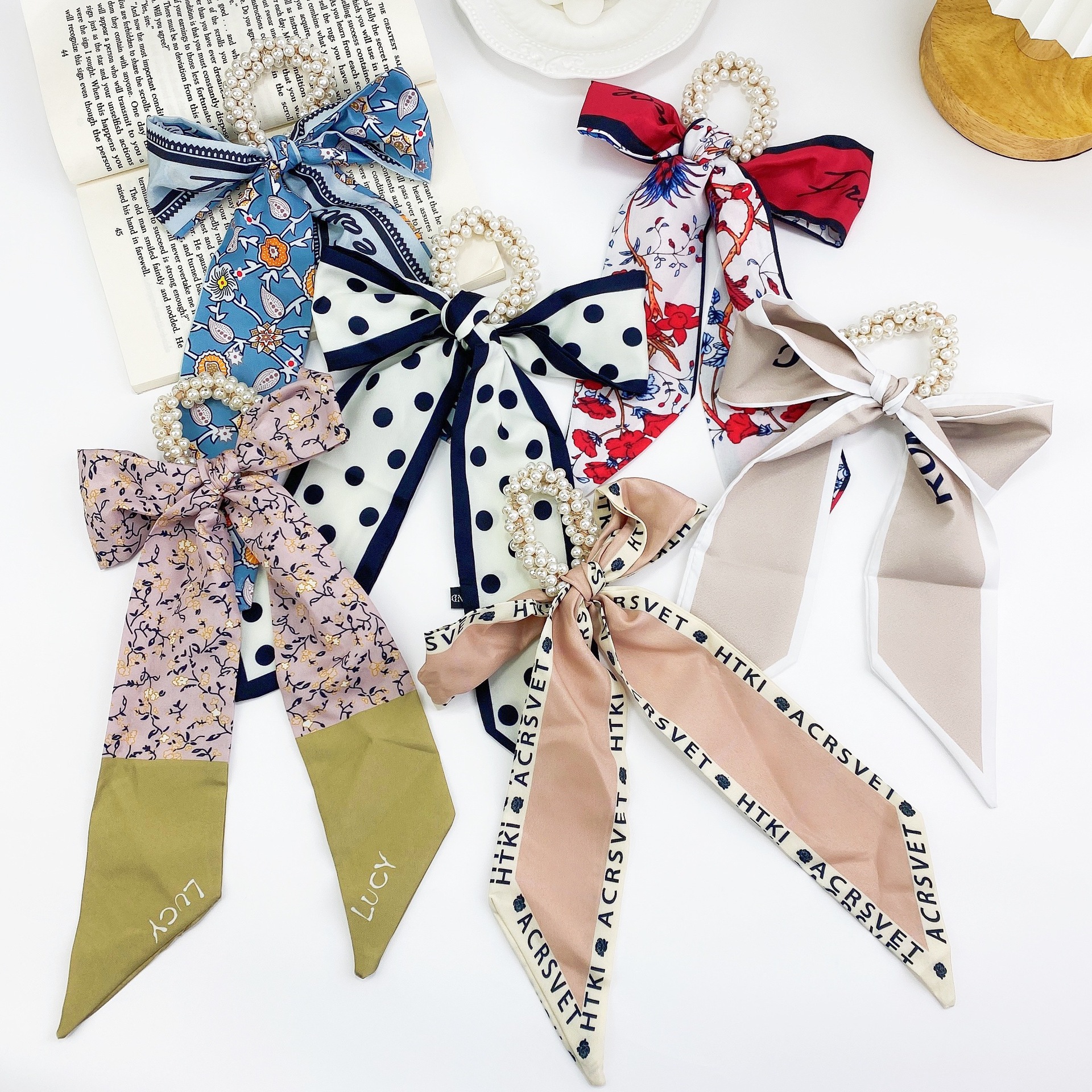 炫朵珍珠碎花蝴蝶结长飘带头绳波点丝巾发带气质皮筋发圈