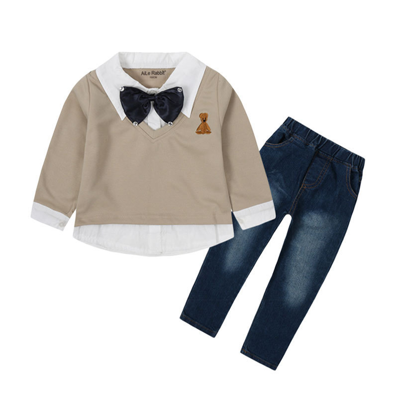 2021男童春秋款绅士 领结假2件套长袖牛仔套装 儿童欧美上衣 长裤