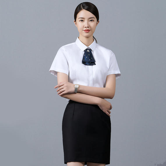 衬衫男士衬衫男女款纯棉短袖政府银行工作服蓝色条纹免烫衬衣厂家