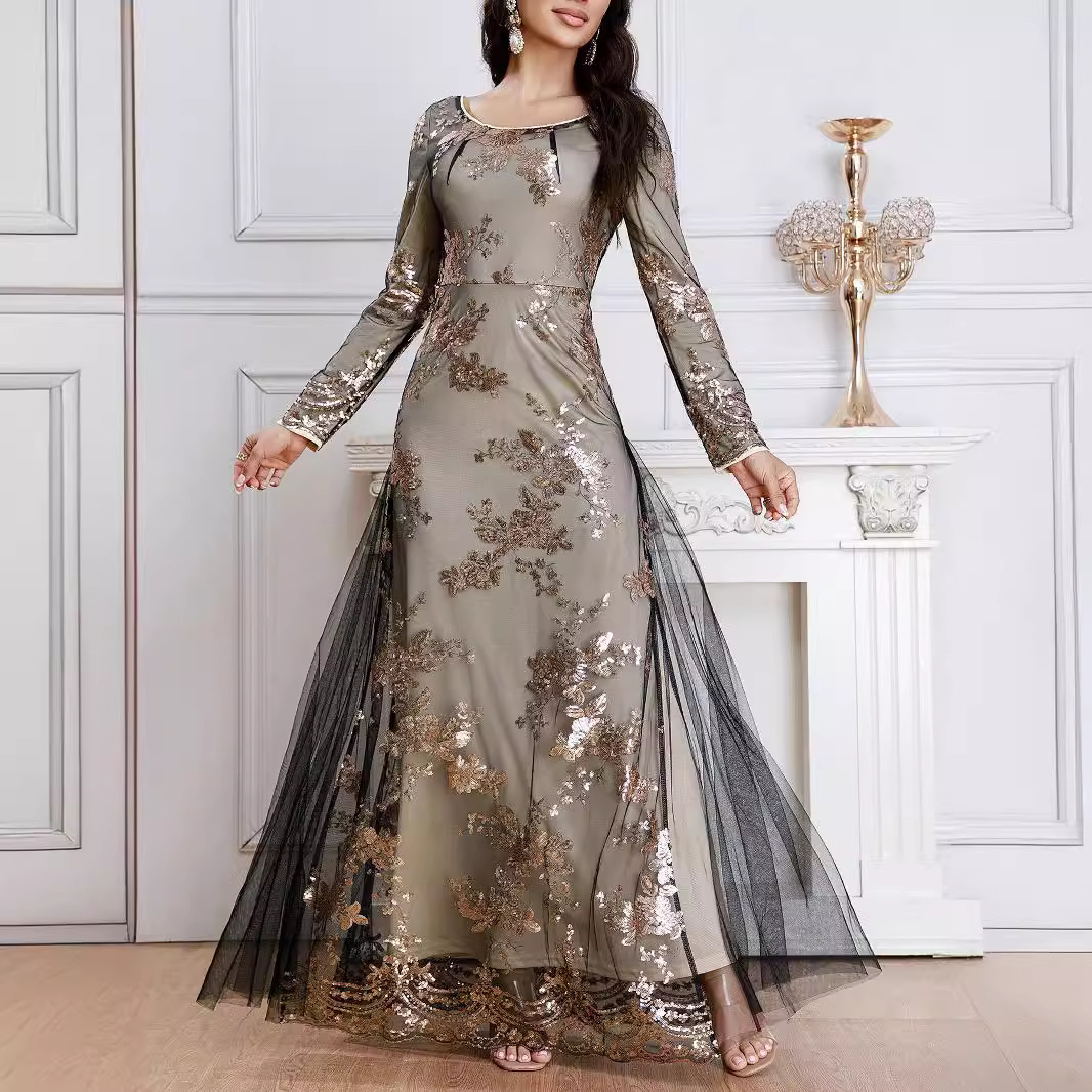 欧洲站独立站欧美复古风性感透视珠片网纱连衣裙高端热卖长袖长裙