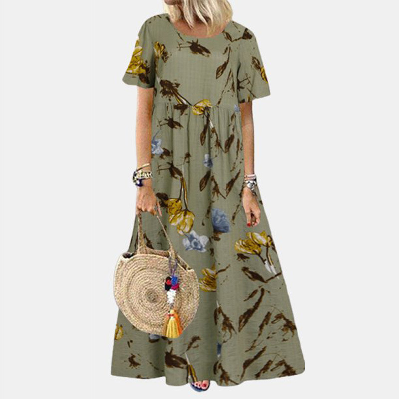 2023 Summer plus Size Women's Clothes Ethnic Style Vintage and Little Fresh Floral Dress round Neck Short Sleeve Loose Dress