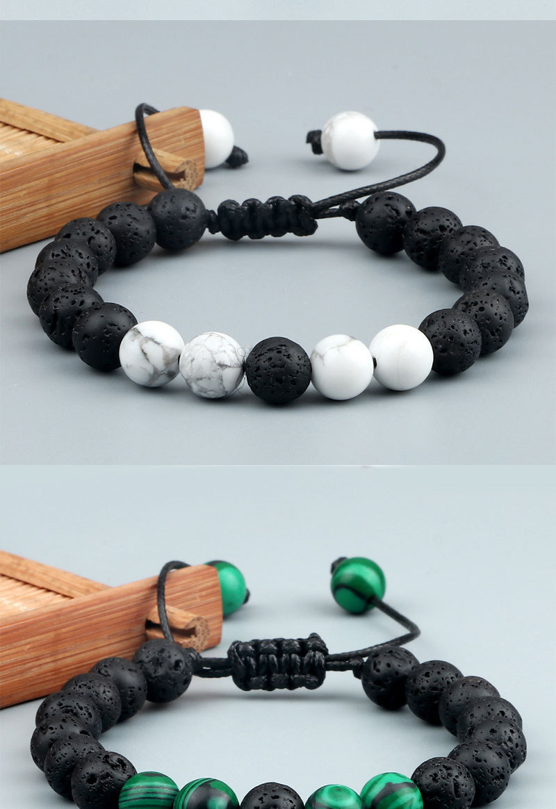 跨境男士手链 间隔串珠手工编织手环黑胆石熔岩石8mm手串情侣套装