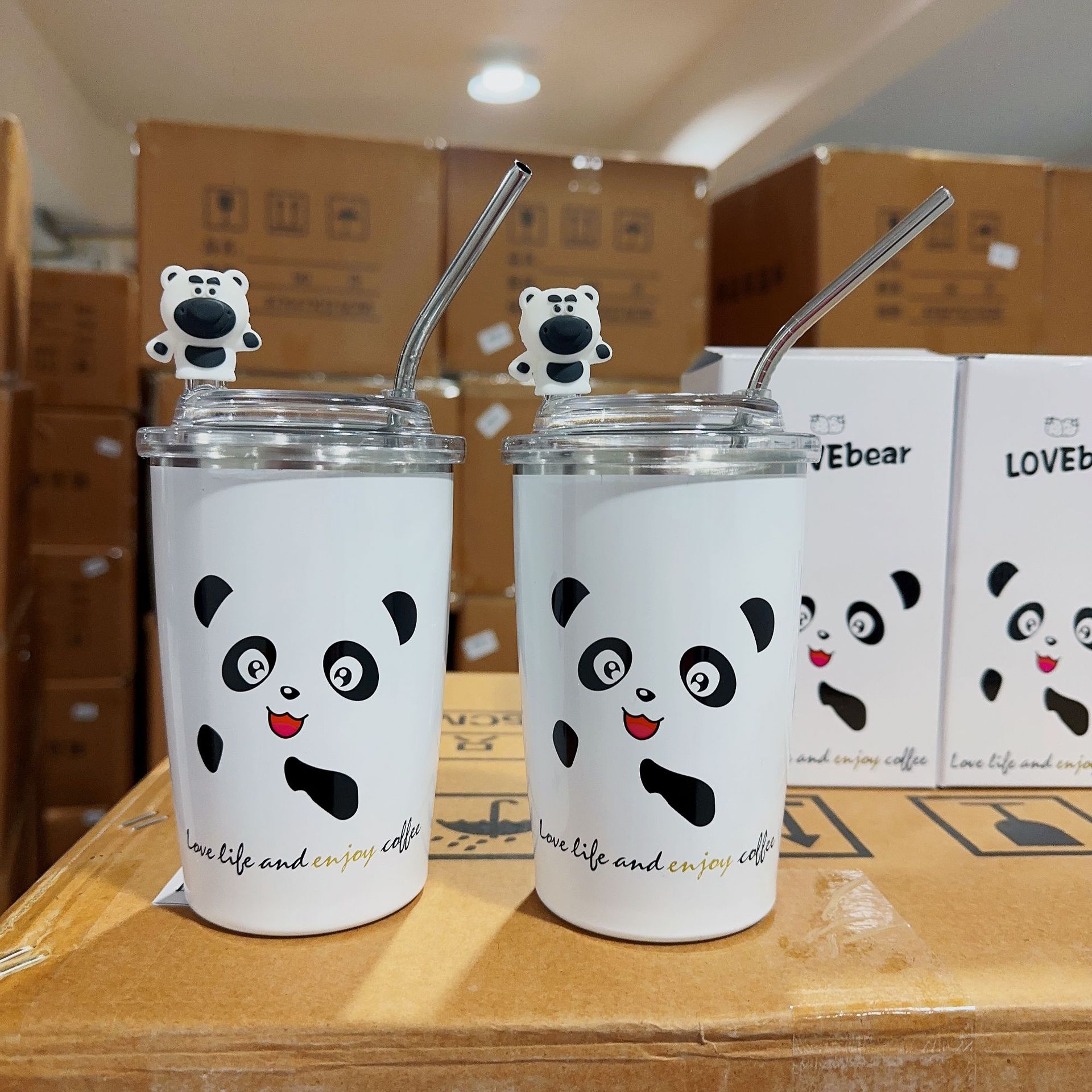 Yiwu Anli New Strawberry Bear Panda Cartoon Minimalist Cup 304 Stainless Steel Student Insulated Straw Cup