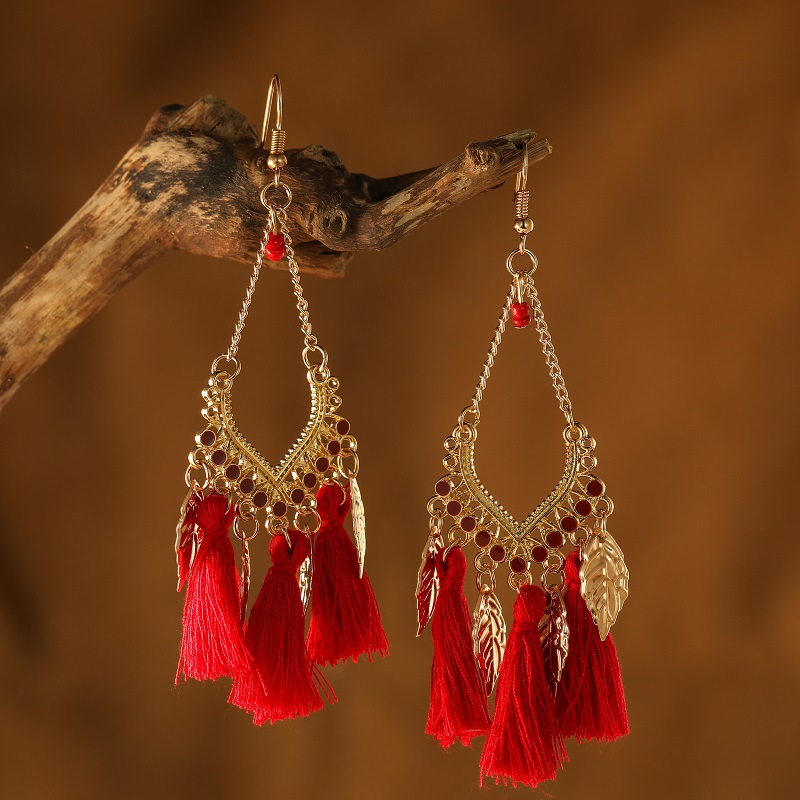 Retro Ethnic Style Long Fringe Earrings Women's Leaf Water Drop Antique European and American Style Earrings Cross-Border Fashion New