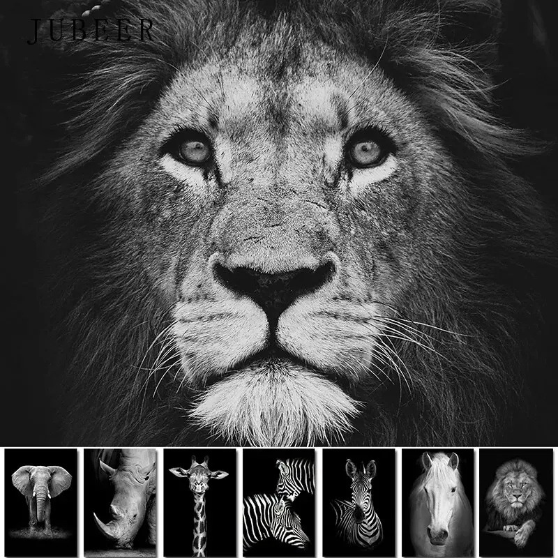 黑白动物挂画海报代发外贸tiktok亚马逊temu速卖通shopee帆布画芯