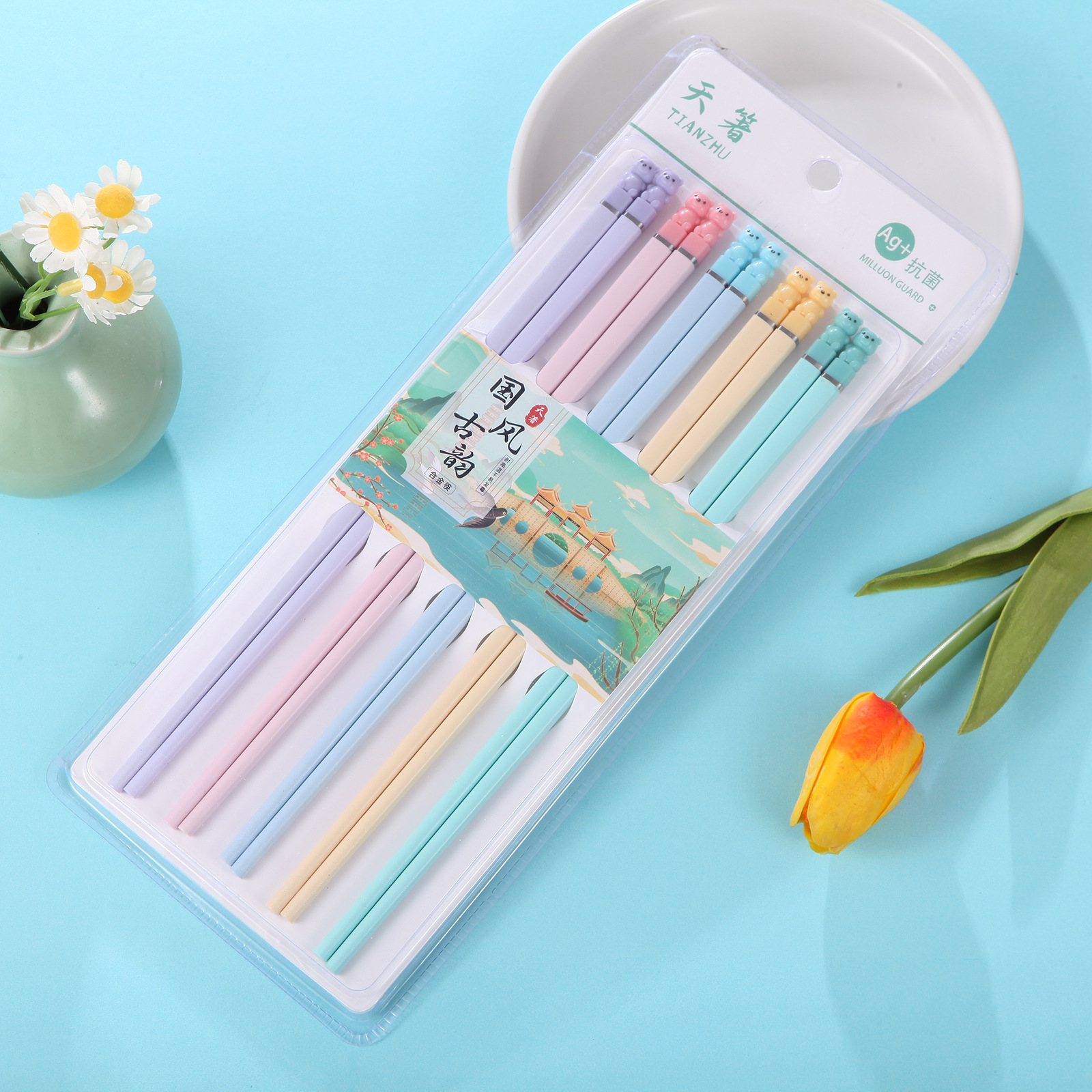 Alloy Chopsticks Household High-End Cartoon Ins Guoyun Style 5 Pairs Blister Set Wholesale Mildew-Proof Non-Slip Tableware Kuaizi