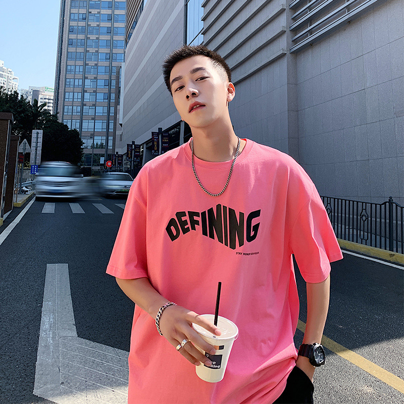 chic港味上衣短袖t恤男2022年新款情侣装夏季粉色五分半袖潮牌ins