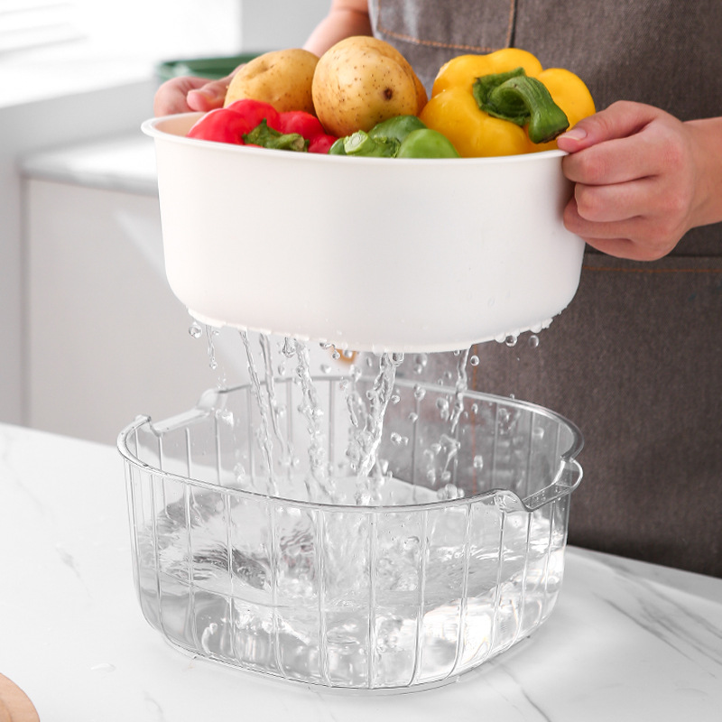 Double-Layer Vegetable Washing Basket Household Kitchen Cleaning Drain Basket Plastic Creative Fruit Basket plus Vegetable Washing Basket Wholesale