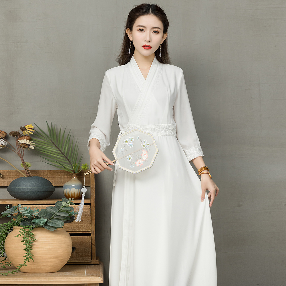 一件代发2021新款中国风白色茶服汉服改良禅服雪纺七分袖连衣裙