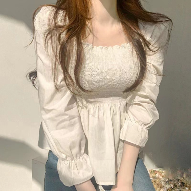 韩国chic法式甜美方领修身显瘦收腰褶皱洋气木耳边长袖衬衫上衣