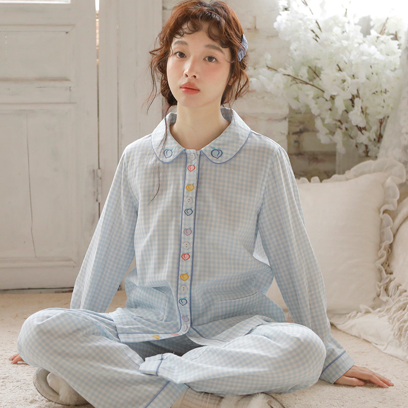 24 Years New Spring and Summer Long Sleeves Suit Women's Simple Plaid Embroidered Pajamas Japanese Sweet Fresh Furnishings Suit
