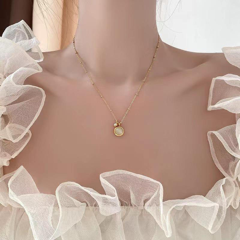 New Opal Pendant Titanium Steel Necklace Female Summer Light Luxury Minority Design Fu Character Clavicle Chain Wholesale Sweat-Proof Color-Preserving