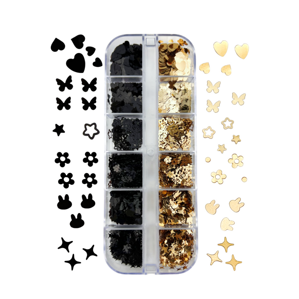 12 Grid Boxed Black Gold Butterfly Love Star Nail Sequins Beauty False Eyelashes Epoxy DIY Decorative Sequins