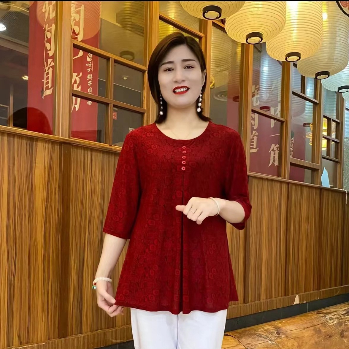 Middle-Aged and Elderly Women's Clothing Summer plus-Sized plus-Sized Loose Mid-Sleeve Bottoming Shirt Mother round Neck Pullover Loose Top plus Size