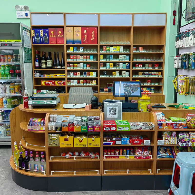 超市货架 烟柜展示柜 烟柜收银台一超市前台货架组合木质收银台