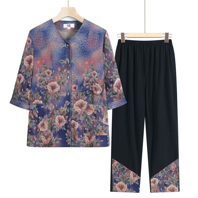 jf中老年女装奶奶夏装套装老年人冰丝老人衣服上衣妈妈中袖两件套