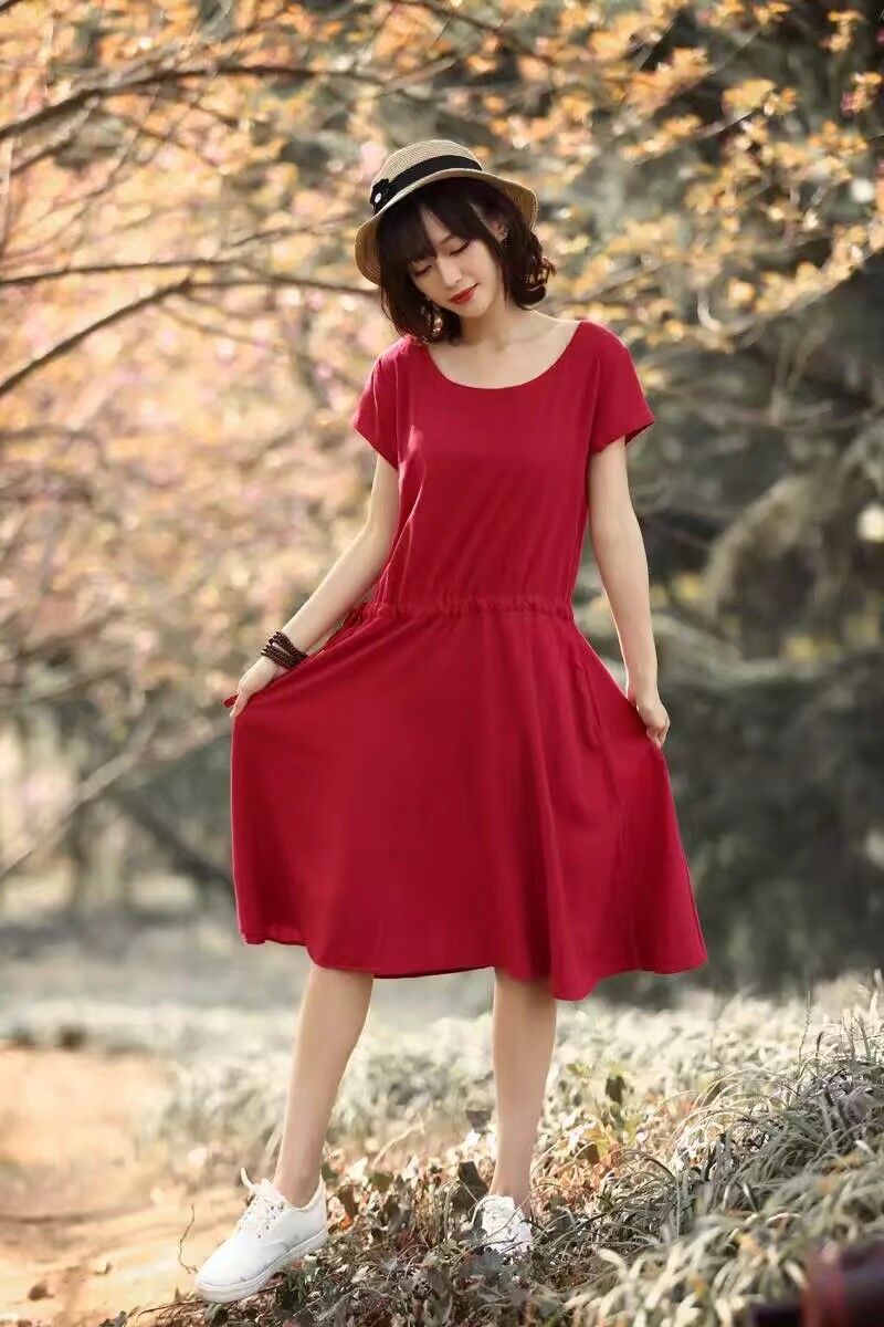 女款棉麻大裙摆束腰连衣裙-阿里巴巴