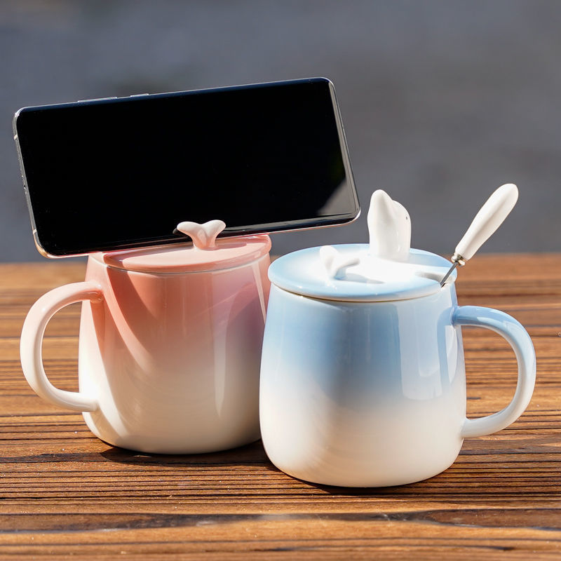 情侣水杯一对可爱海豚陶瓷马克杯咖啡杯带盖简约情侣款早餐牛奶杯