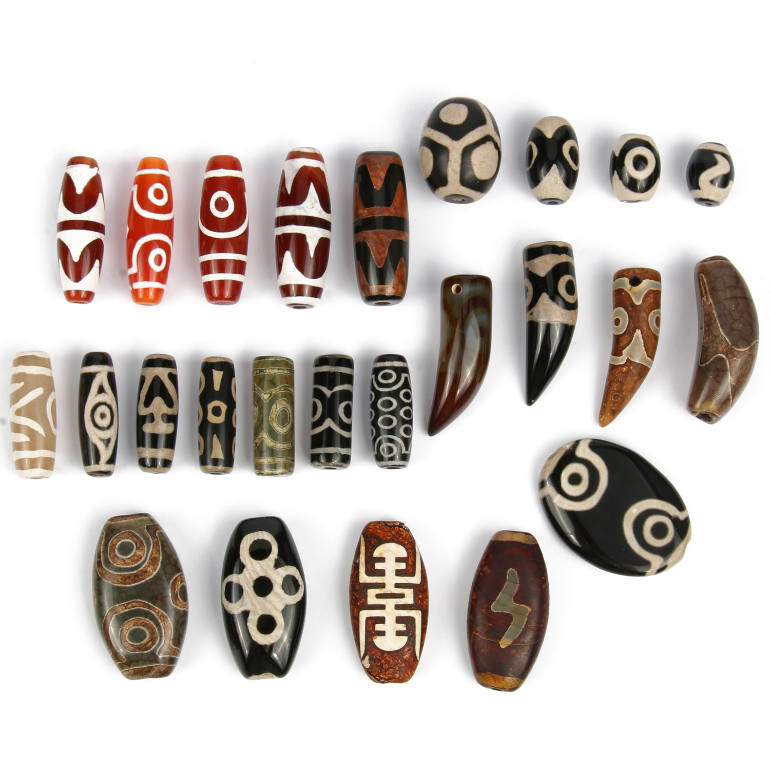 24款天然玛瑙天珠 黑白3只眼爱心圆柱散珠 项链编织串珠配饰批发