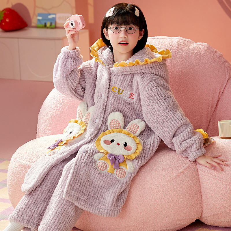 儿童睡衣 女童绒款 冬季 睡袍加裤子 卡通家居服女可爱保暖套装