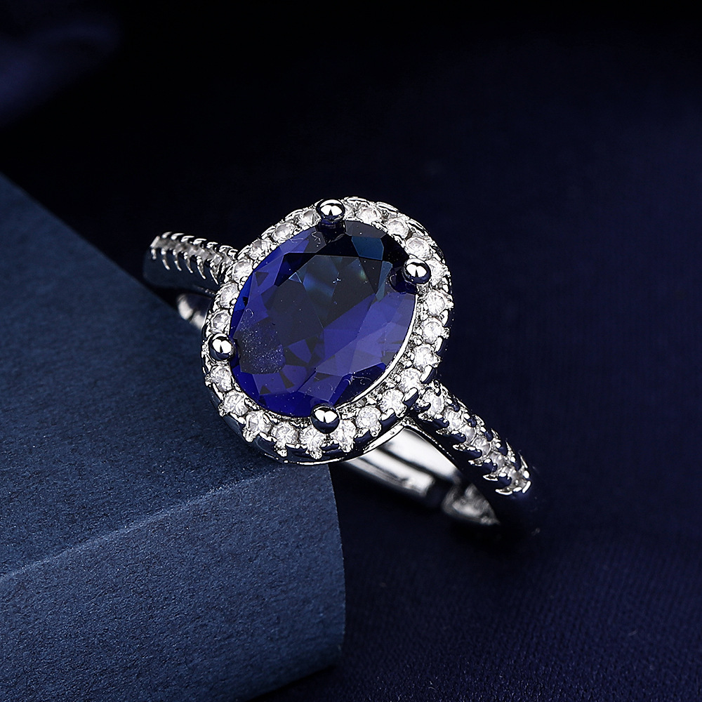 新款彩宝海洋之心镶嵌蓝宝石群镶戒指直播欧美跨境女戒厂家代发戒