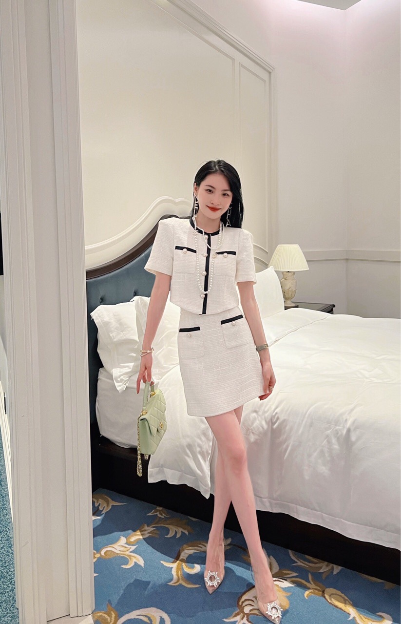 小香风轻奢风时尚淑女气质名媛小外套撞色圆领半袖短裙套装夏季女