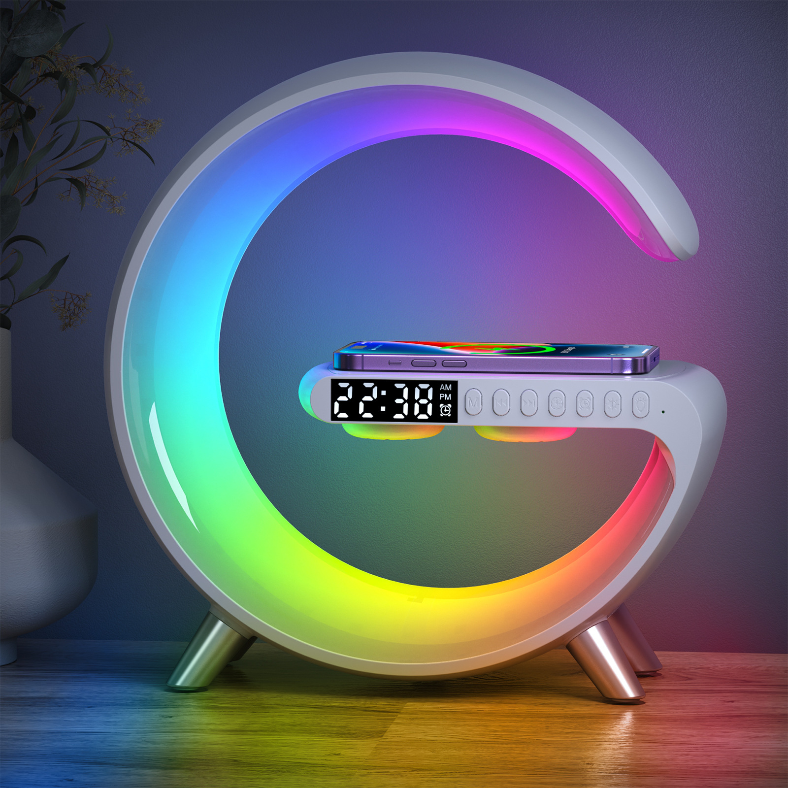 2022 Amazon Hot Selling Product Multi-Purpose Alarm Clock Small Night Lamp Wireless Charger Bluetooth Speaker Smart App Control