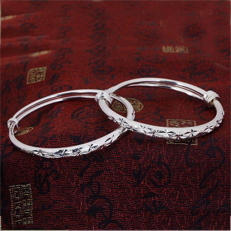 抢圆肚满天星银手镯女可调节黄铜镀银镯子车花金属手环银首饰