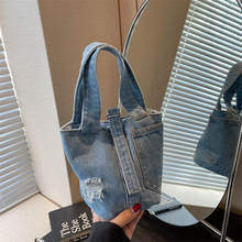 迷你菜篮子破洞牛仔布包包2023新款韩版东大门时尚质感水桶手提包