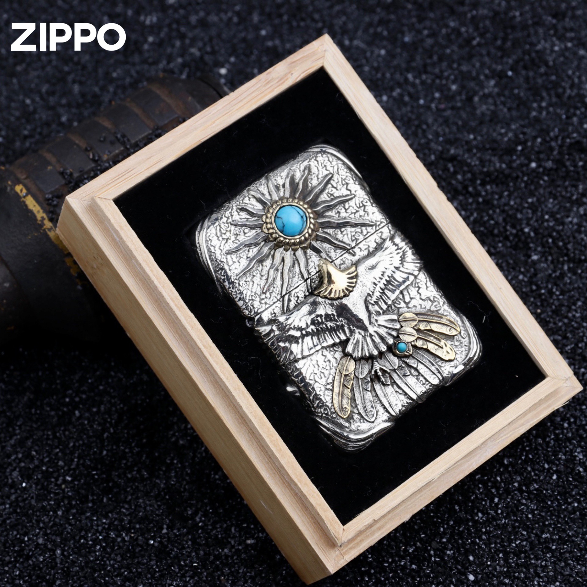 zippo芝宝烈日雄鹰套壳重工铠甲印第安松石煤油打火机