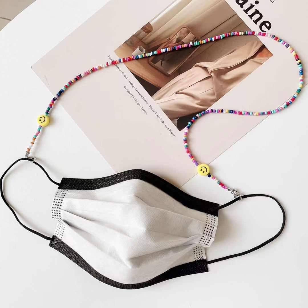 新款糖果色串珠笑脸挂绳口罩链眼镜链口罩带跨境