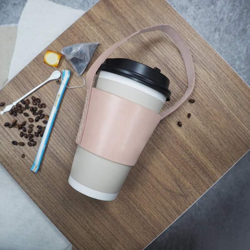 皮革奶茶杯杯套 手冲饮料手提防烫手杯套 手缝线咖啡杯套