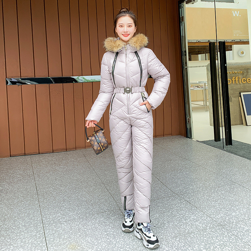 新款冬装短款羽绒棉衣女大毛领套装连体服外贸滑雪服棉服袄棉裤